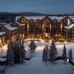 SkiStar Lodge at night.