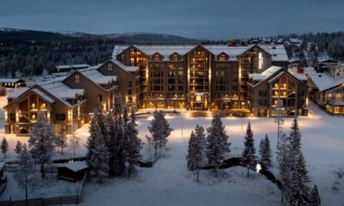 SkiStar Lodge at night.