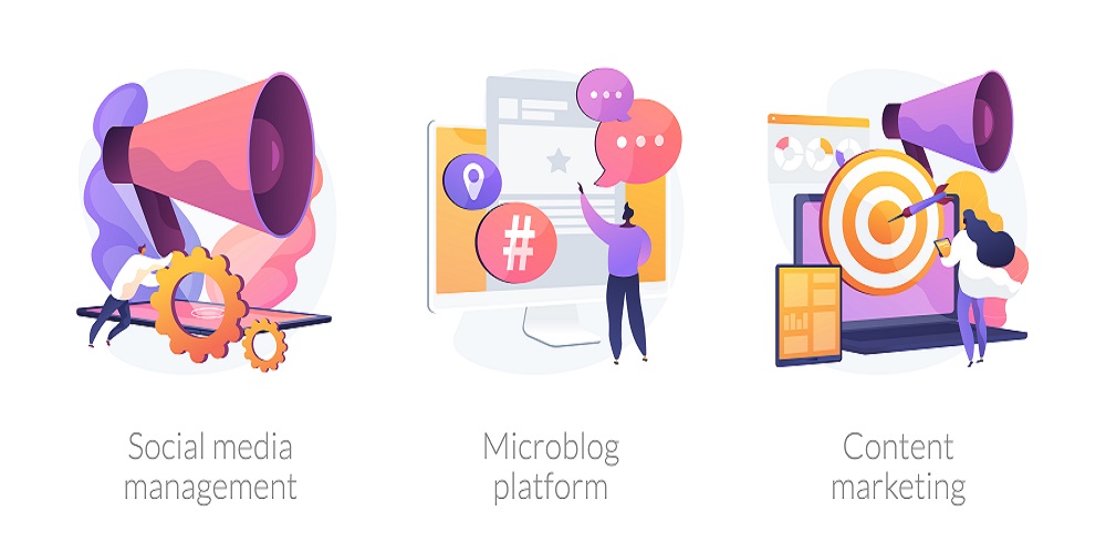 Vectors of different content distribution strategy step: social media engagement, microblog platform and content marketing.