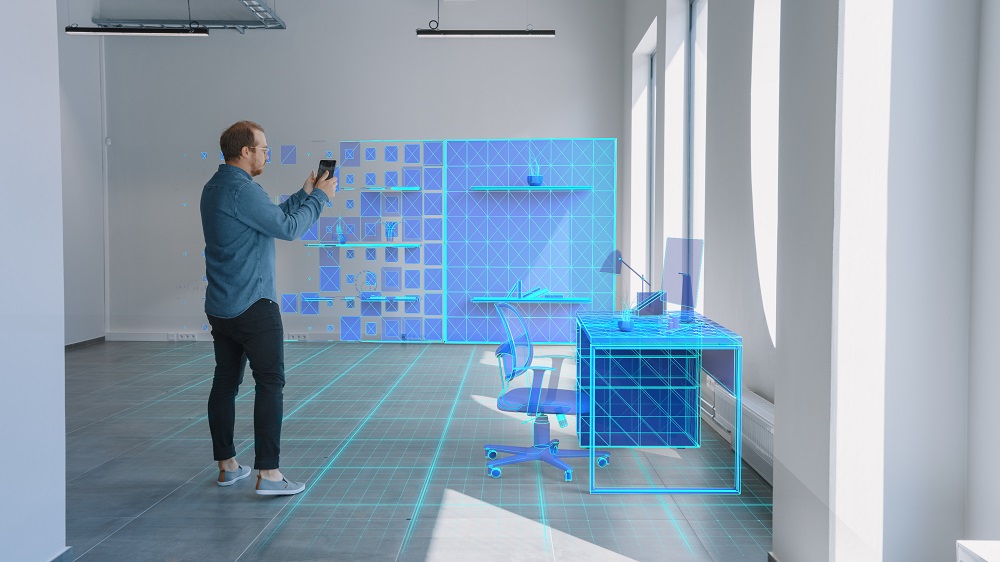 Person interacting with a digital simulation.