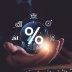 business operations, Businessman with percentage symbol and up arrow, Interest rates continue to increase, return on stocks and mutual funds,