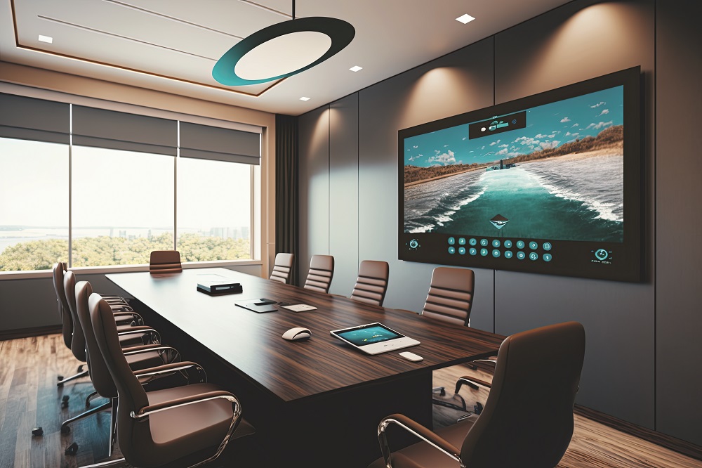 Futuristic Conference Room: A modern conference room equipped with the latest technology for business presentations and video conferencing. Generative AI