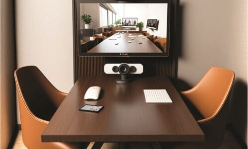table with small videoconferencing camera setup, concept of Video Collaboration, created with Generative AI technology