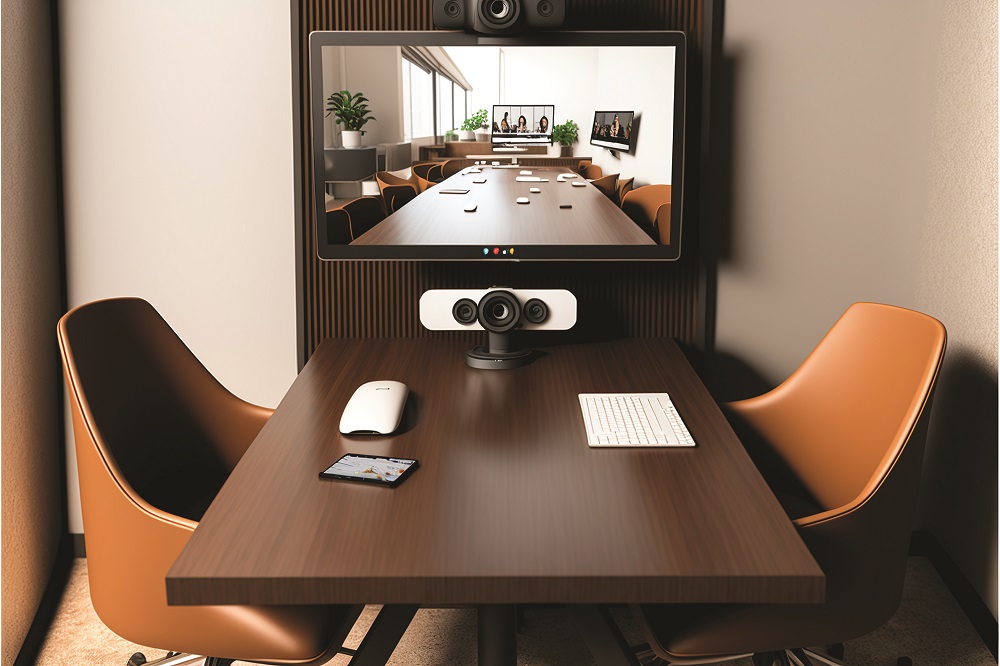 table with small videoconferencing camera setup, concept of Video Collaboration, created with Generative AI technology