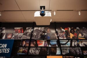 Sony projector hanging from ceiling.