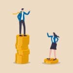 Gender pay gap, inequality between man and woman wage, salary or income, issue about gender diversification concept, businessman standing on much more paid money coins, woman on less small income coin