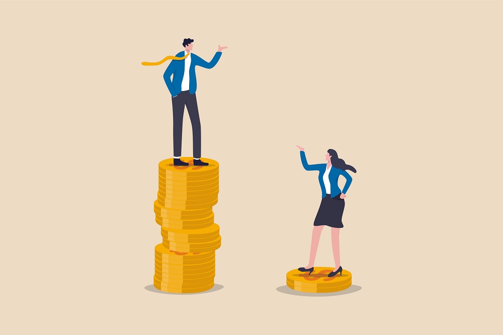 Gender pay gap, inequality between man and woman wage, salary or income, issue about gender diversification concept, businessman standing on much more paid money coins, woman on less small income coin