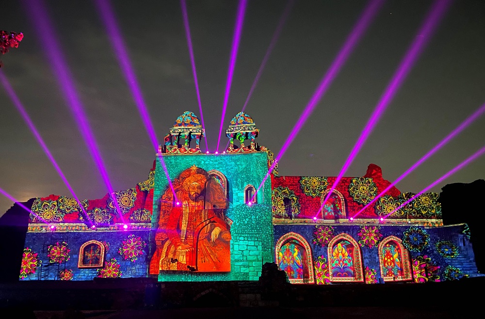 Old Fort India lit up by Christie projection-mapping projectors.