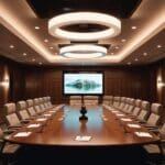 Modern Boardroom with a long conference table, comfortable chairs, and modern AV equipment, AV control. AI generated