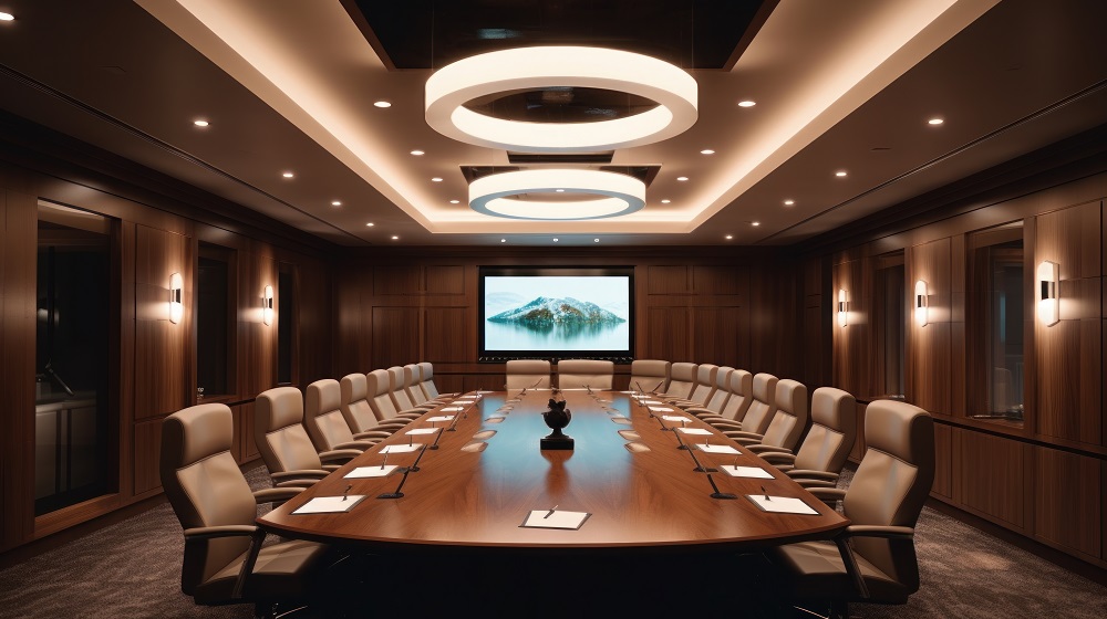 Modern Boardroom with a long conference table, comfortable chairs, and modern AV equipment, AV control. AI generated