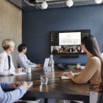 People using Jabra videobar with Microsoft Intelligent Speaker feature.