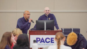 Professors George Chacko (left) and Rich Miller III at inaugural AV/IT Summit at Pace University 