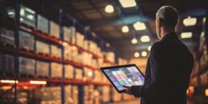 Product availability, man holding tablet in warehouse supply room