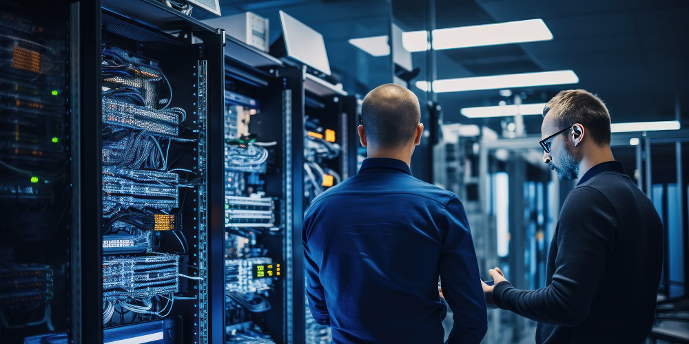 IT specialists confer at a meeting and discuss news in the computer industry, tech employment, tech hiring