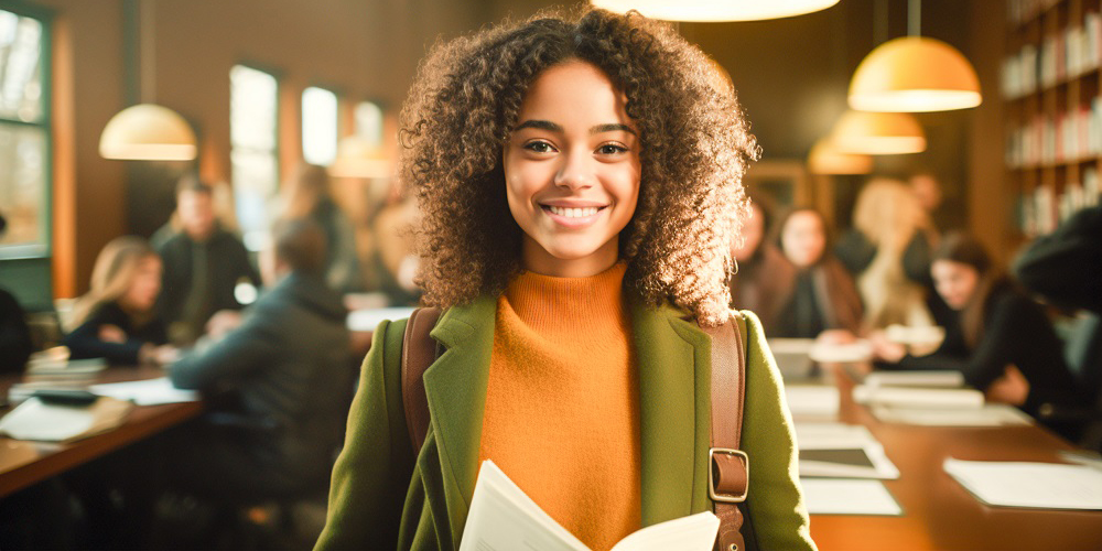 irl student studying at the school university library.