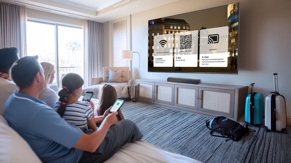 Family using Philips Cast Server in hotel room