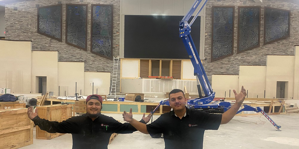 Electro Acoustics team installing an Absen LED videowall at a church