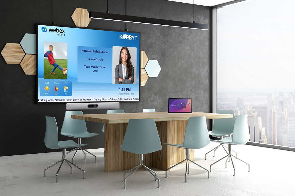 Modern meeting room with empty poster on wall, daylight and furniture. Mock up, 3D Rendering of Korbyt Anywhere for Webex