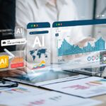 AI integration, Business people analyze data and big data technology Two businessmen calculate business analysis and display images of complex data sets on a computer on the screen. artificial intelligence