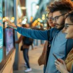 A young couple engages with a large interactive digital screen displaying city information, reflecting modern urban life and technology. digital signage hardware must remain resilient