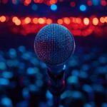 Microphone on Stage with Blurry Lights and Audience