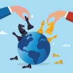 Geopolitics world country trade alliance, diplomacy with superpower nations, relationship or negotiation for trade war, tariff or sanction concept, hand playing chess to win geopolitics trade war