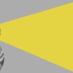 Man hand with magnifying glass. Yellow ray coming from loupe. Conducting check, information search and analysis concept. Spy, accountant, auditor job in abstract style