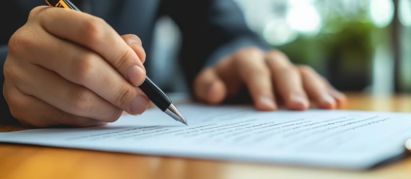 A person carefully reviews digital terms and conditions before making a decision.
