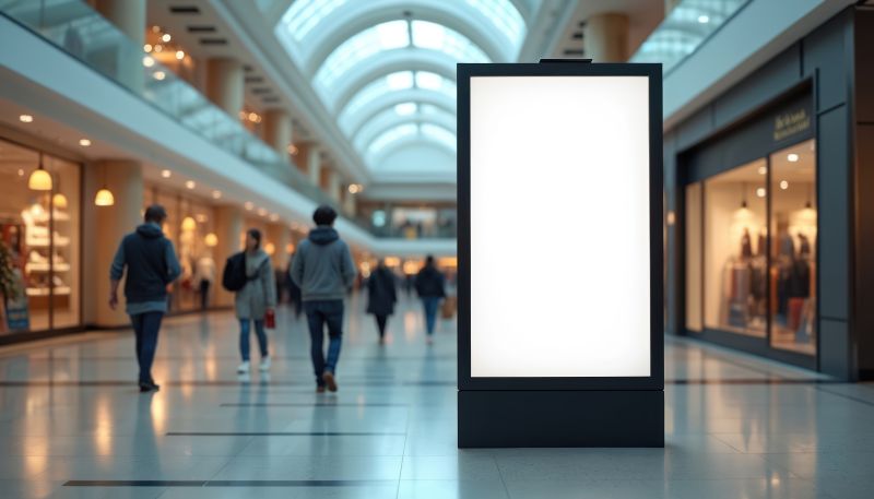 Large black blank vertical billboard stands in shopping mall. resilient digital signage, Advertising mockup with empty digital screen for marketing in public space on blurred background. Modern business promotion