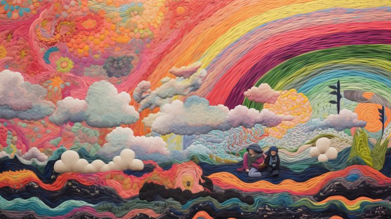 painting of woman and child with rainbows and clouds