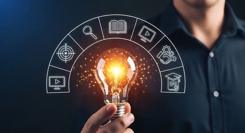 Glowing Lightbulb Held in Hand with Surrounding White Line Icons of Education Business and Technology Concepts