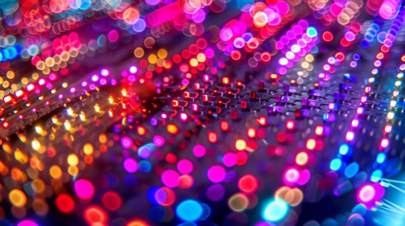 A magnified image of a microLED array a type of nanoelectronic display technology. Each individual LED emits a specific color of light allowing for vibrant and highresolution
