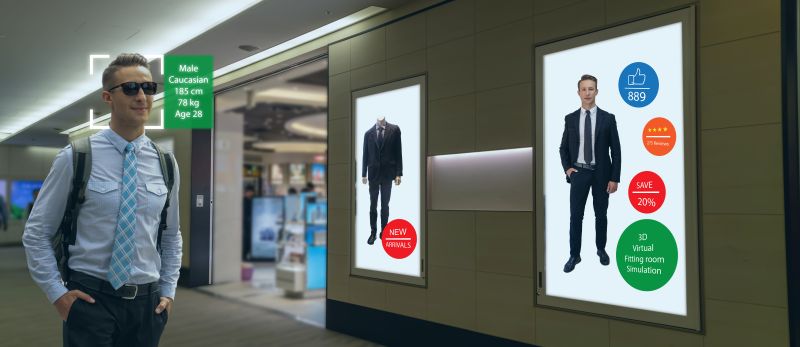 iot machine learning with human , object recognition which use artificial intelligence to analytic concept, it invents to prediction the customer needed with augmented reality on the digital Signage, retail deep dive survey