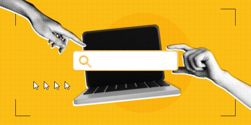 8Trendy Halftone Collage Hand points to Search bar on computer screen. Job for hire online. Find information in internet browser. Data base. Seo marketing concept. Contemporary vector illustration art