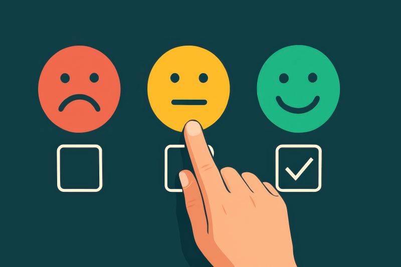 Human hand interacting with three smiley faces indicating different moods, from sad to neutral to happy, with a checkmark, against a dark teal background, representing customer experience feedback.