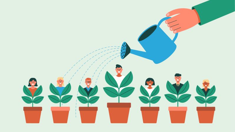 manager's hand watering diverse employees as growing plants in pots, vector illustration for investing in people, team growth and human resource development.