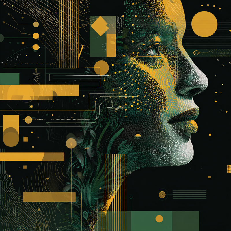 Android with technology overlap on face