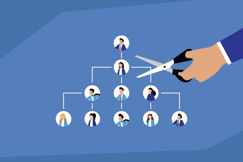 Diversified Restructure Corporate Downsizing: A Hand Cuts an Organizational Chart with Scissors, Symbolizing Layoffs, Restructuring, and the Reduction of Employees 2d flat vector illustration