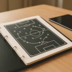 Football tactics strategy playbook on wooden table with digital tablet in background under warm light in creative coaching concept setting. Ai generative