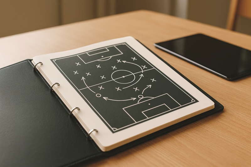 Football tactics strategy playbook on wooden table with digital tablet in background under warm light in creative coaching concept setting. Ai generative