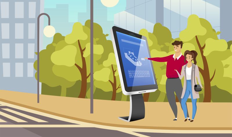 Street information self service kiosk flat color vector illustration. Smiling couple near interactive city map cartoon characters. People looking at digital panel with sensor interface