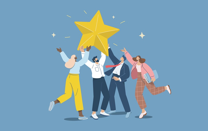 People celebrating with a star symbolizing nominations.
