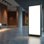 Blank vertical billboard stands in modern hall. Empty screen offers advertising space. Interior has lounge zone with sofa. Concrete pillars and wooden wall panel in office. See Less Pete / stock.adobe.com