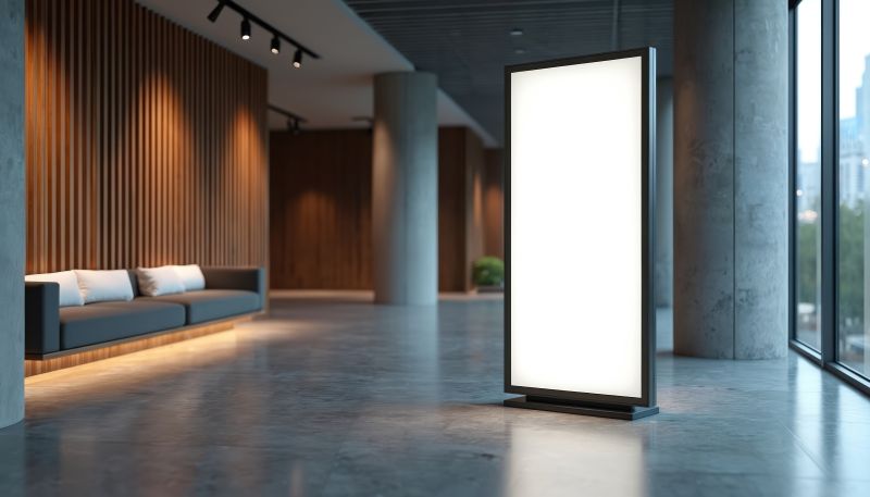 Blank vertical billboard stands in modern hall. Empty screen offers advertising space. Interior has lounge zone with sofa. Concrete pillars and wooden wall panel in office. See Less Pete / stock.adobe.com