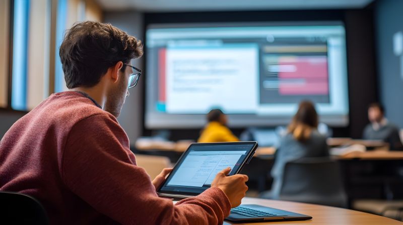 College Student Using Hybrid Learning Methods in Classroom Environment By doraclub