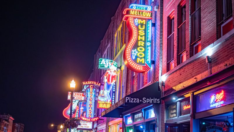 Colorful Nashville Broadway at night - NASHVILLE, TENNESSEE - JUNE 15, 2019 By 4kclips