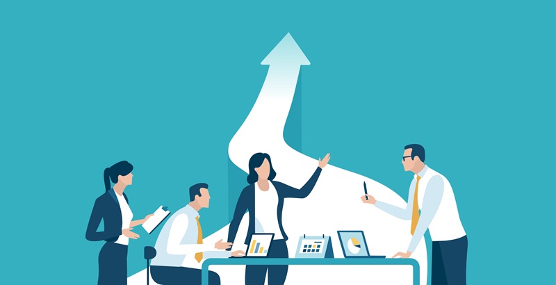 people discussing with growth arrow in the background
