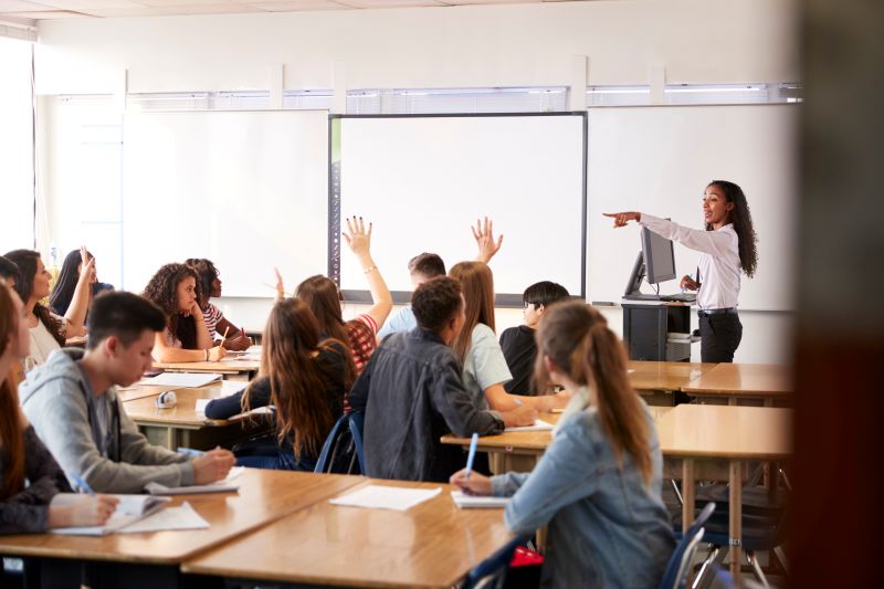 Teacher Asking Question Standing By Interactive Whiteboard Teaching Lesson