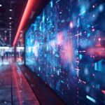Vibrant Interactive Digital Signage in a Futuristic Retail Environment Showcasing Technology and Business Communication; experiential signage, survey, deep dive