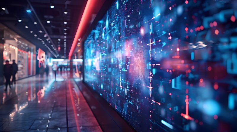 Vibrant Interactive Digital Signage in a Futuristic Retail Environment Showcasing Technology and Business Communication; experiential signage, survey, deep dive